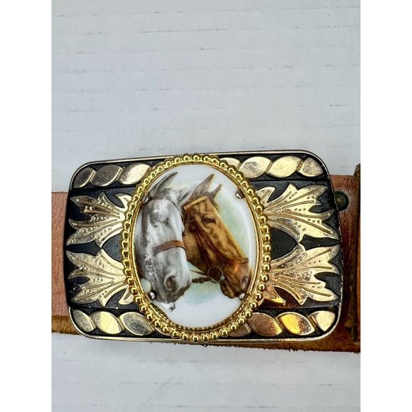 Vintage Western Leather Belt with Raised Horses Cameo Buckle Ornate Gold Tone